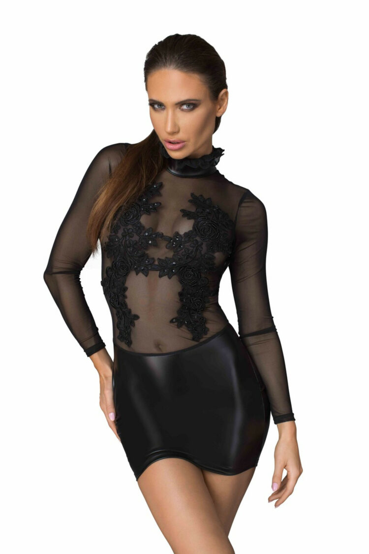 Seductive minidress. Handcrafted appliques. Adorable back decolletage. Fastened with hooks in the back.